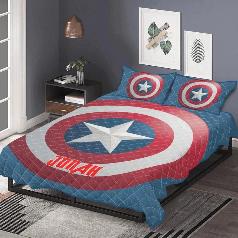 Personalized Captain America Shield Superhero Fan Gift Christmas Quilt Bed Set