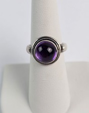 925 Sterling Silver Cabochon Amethyst Ring Size 7.25 Rope Beaded Edge
