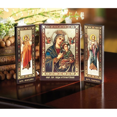 Wooden Triptyich Perpetual Help With Archangel Michael and Gabriel 3 3/8" - Picture 2 of 3