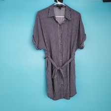 Forever 21 Women's Medium Navy Blue & White Striped Belted Short Shirt Dress