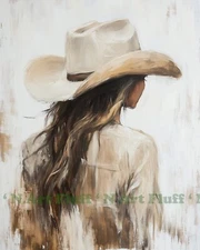 Beige Cowgirl Long Blonde Hair Back AI Digital Print 11x14 Museum Paper T56