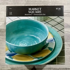 Market Square 12 pc Set Aqua Lemon Dinnerware Dinner Plates Bowls Melamine