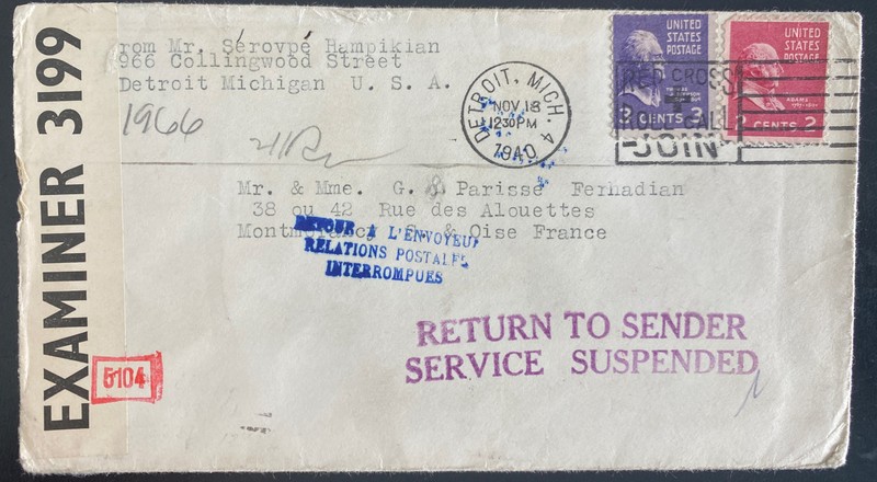 1940 Detroit MI Usa Dual Censored Cover To France Airmail Service Suspended