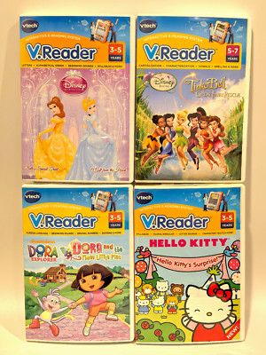 lot of 4 VTech v.reader cartridges: 2x Disney, Dora, Hello Kitty - tested good