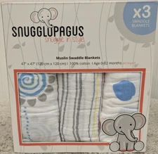 Snugglupagus Muslin Swaddle Blankets 100% Cotton  3-Pack