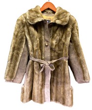 Women Small Vtg Tissavel Coat Made In England Faux Fur Suede Belt Beige Luxury