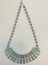 Silver Tone Statement Necklace with Blue & Green Enamel Dots