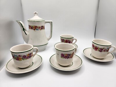Small Childs Tea set green with floral accents 4 cups saucer teapot small chips