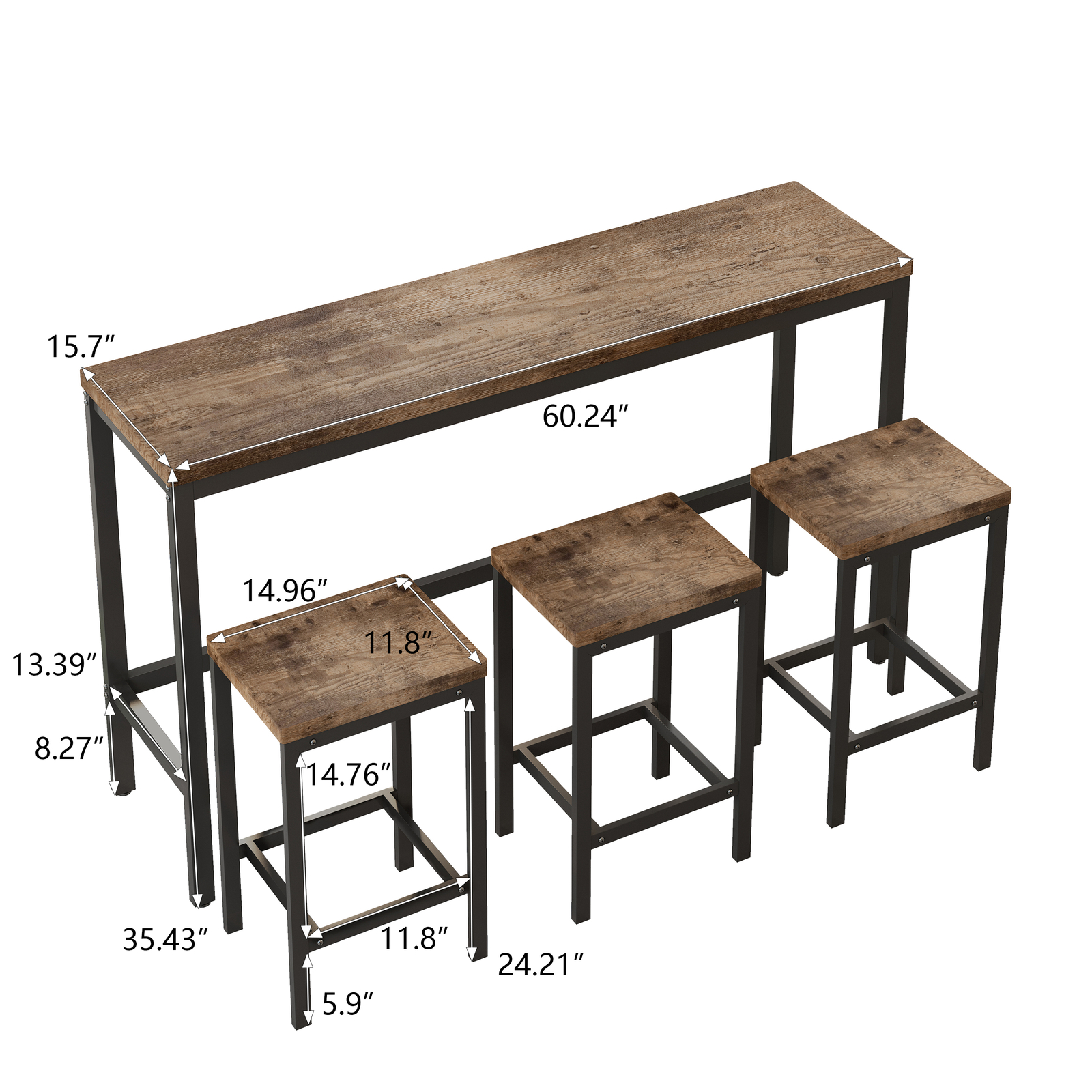 4-Piece Dining Table Set For 3, Kitchen Wood Long Table w 3 Counter Stool Rustic