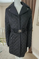 Laundry By Shelli Segal Women's Black Quilted Jacket Coat W/Belt Animal Print S