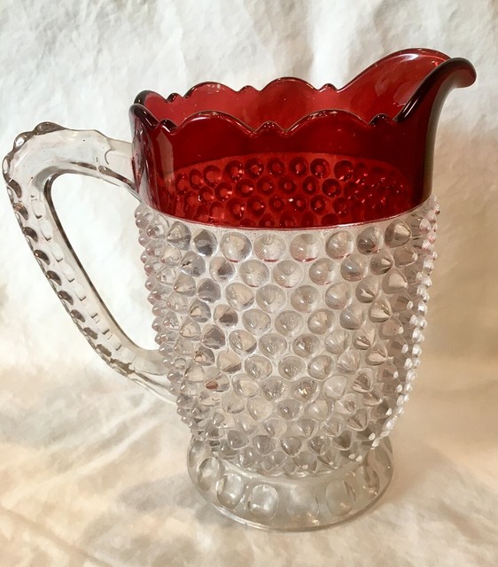 Vintage Clear Glass Pointed Hobnail Footed Pitcher Red Trim eBay