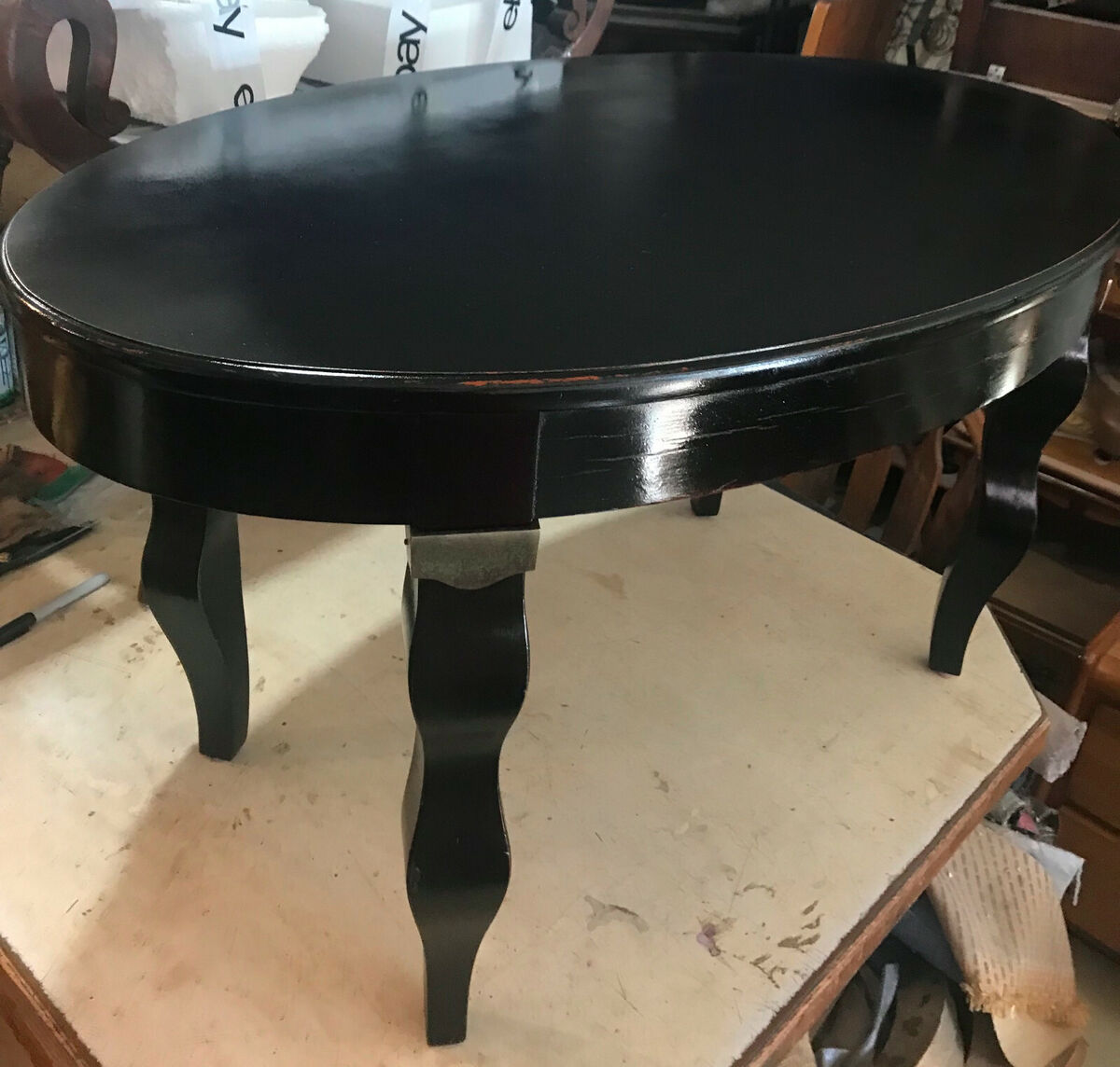 Mid Century Distressed Black Lacquer Oval Coffee Table (CT86 Mid Century Distressed Black Lacquer Oval Coffee Table (CT86