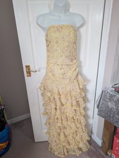 PrettyLittleThing Yellow Chiffon Ditsy Floral Tiered Ruffle Maxi Dress Size UK 8