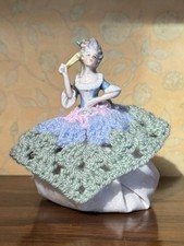 Vintage Half Doll China Pottery Figurine Fabric Base Sewing Pin Cushion #SPR172