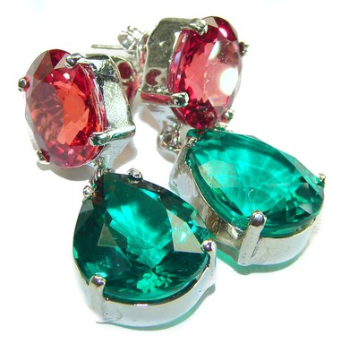 Smaragd Rubin Ohrringe Birne 26,5ct 925 Sterling Silber Handarbeit grün 19,5g