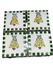 Set of 4 Hand Painted Ceramic Christmas Tree 4 1/4" Coasters. Made In USA.