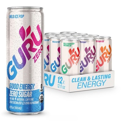 GURU ZERO SUGAR Organic Energy Drinks Variety Pack, Clean Energy Drink with P...
