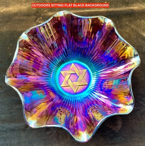 “STAR OF DAVID” ELECTRIC PURPLE CARNIVAL GLASS 8-RUFFLE DEEP BOWL -GORGEOUS COLO