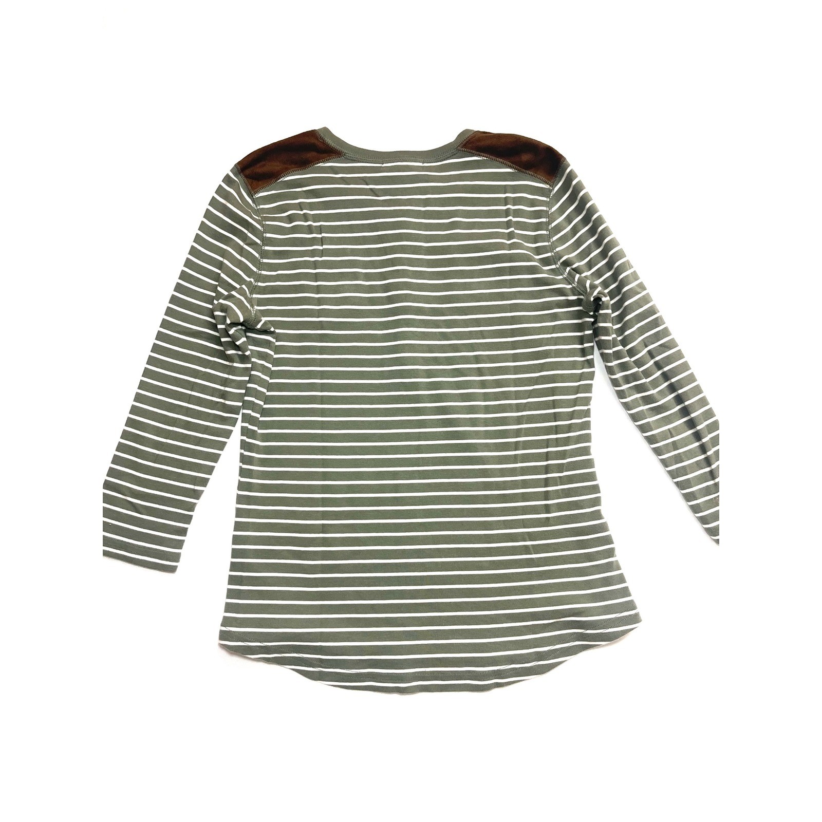 Chaps Denim Womens Large Olive Green Striped Henley Long Sleeve Suede Trim Top image 8