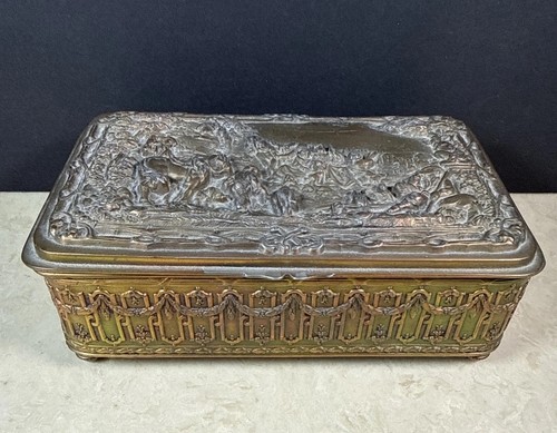 Antique Jennings Brothers Gilt Bronze Jewelry Trinket Box Relief Scene c.1900