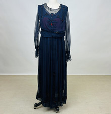 Antique 1910s 1920s Navy Blue Silk Chiffon Dress Floral Embroidery Beading AS IS