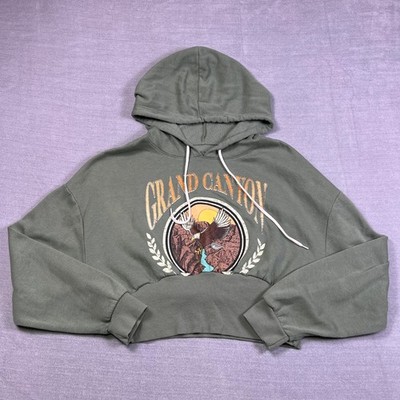 Zoe + Liv Grand Canyon Graphic Cropped Hoodie Women L Olive Green Cotton Blend