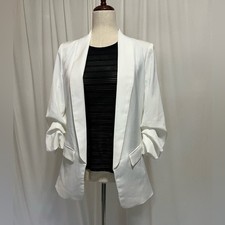Aqua Classic White Open Front Women's Blazer With Ruched Sleeves Size S