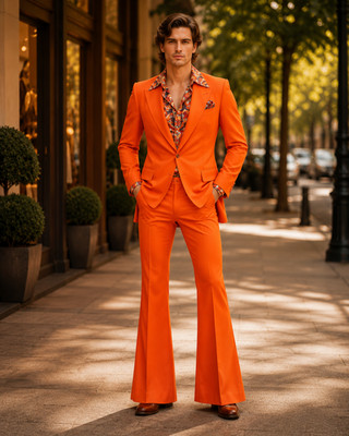 Men Orange 70s Disco Flared 2 Piece Suit Blazer Bell Bottom Pants Prom