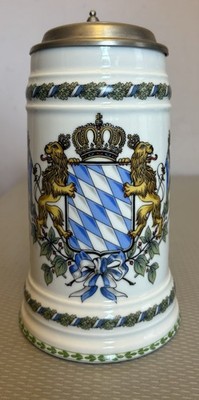 Vintage German Beer Stein Kuhr Bavaria Coat of Arms Golden Lions Pewter Lid 8''