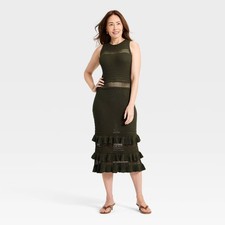 Women Ruffle Sweater Midi Dress - A New Day Olive Green S