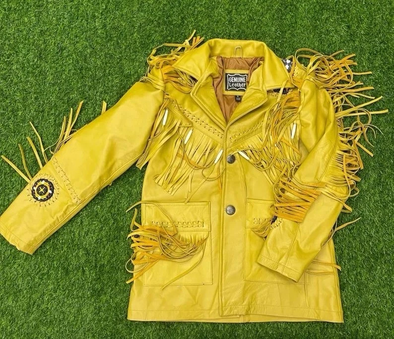 Ретро Western кожаное пальто - желтый бахрома ковбойская куртка подлинный западный стиль - Изображение 2 из 2