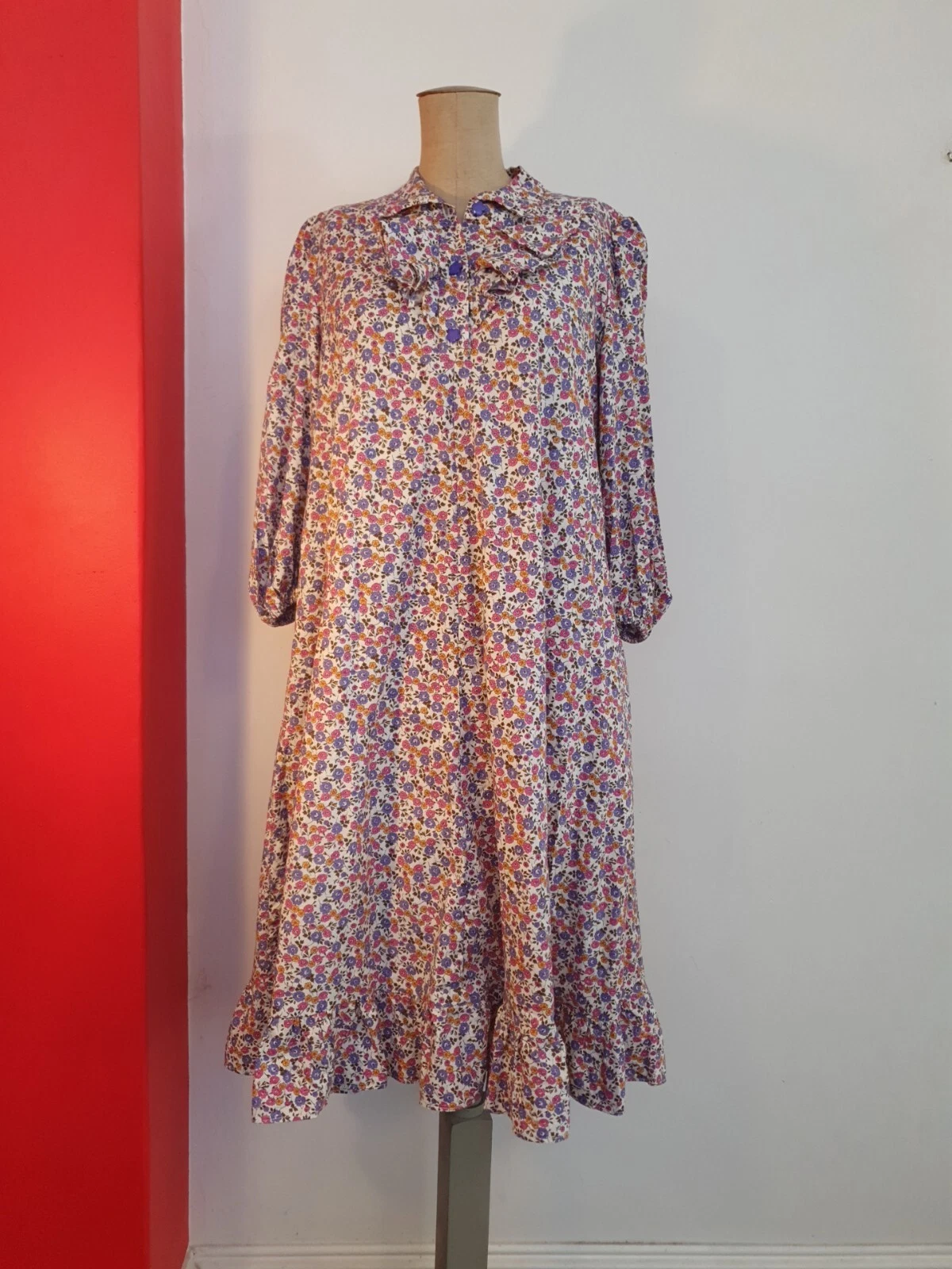 VINTAGE Handmade 70s Cotton Dress M-L Floral A-Line Ruffle AU 12-14