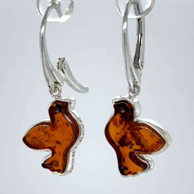 Cognac / Brown BALTIC AMBER Dove Earrings 925 STERLING SILVER