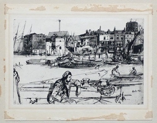 1859 antico BLACK LION WHARF incisione originale di JAMES McNEILL WHISTLER - Foto 3 di 6