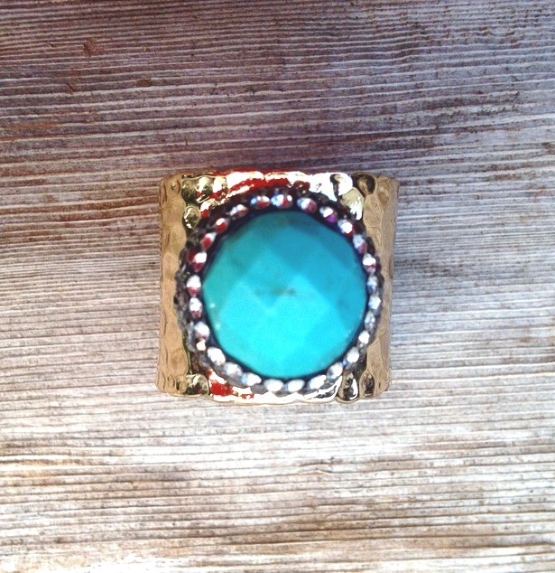 Turquoise Pave Ring Natural Handcrafted Crystal Hematite Zircon Gold Cigar Band