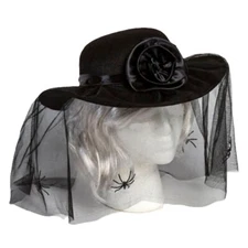 Goth BLACK MOURNER HAT VEIL Rosette Spider Steampunk Halloween Costume Accessory