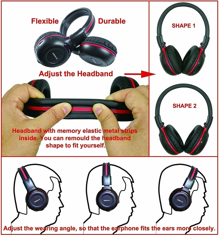 SIMOLIO Infrared Wireless IR Headphones Dual Channel Car DVD Headsets 2 PACK NEW Foto 3 de 4