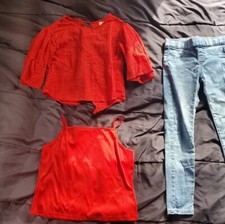 girl 10 pull on jeggings red crochet top with red cami