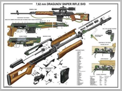 Plakat 12"x18" Rosyjski SVD Dragunov Karabin snajperski Manual Exploded Parts Schemat - Zdjęcie 1 z 5