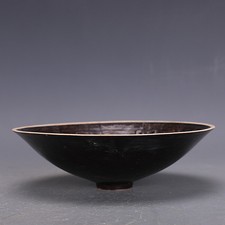 8" Good China Ding Kiln Black Glaze Porcelain Carve Dragon Phoenix Grain Bowls