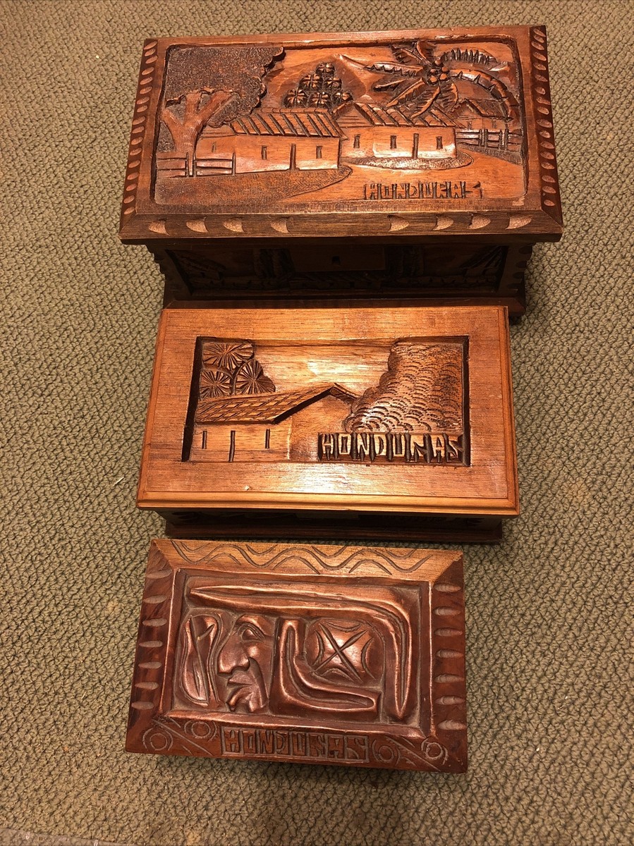 Vintage Hand Carved Hinged Wooden Boxes From Honduras Set Of 3 | eBay