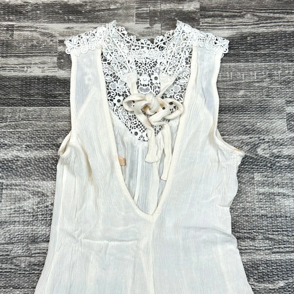 浪漫波西米亚连身裤女式青少年 S 码奶油色蕾丝高领带荷叶边短裤 — 第 4/4 张图片