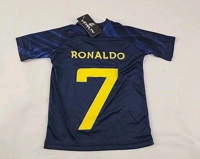 Al Nassr Ronaldo #7 Youth Soccer Jersey Size 2-3  Blue Yellow Shurfah