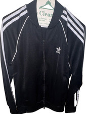adidas Men's Black Striped Track Jacket M Full-Zip Polyester Stand-Up Collar