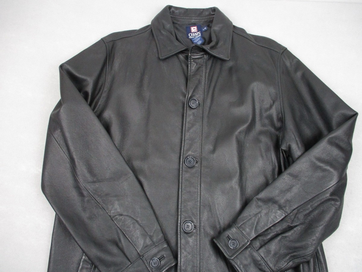 Vintage Chaps Ralph Lauren Leather Coat Men Large Black Button Up