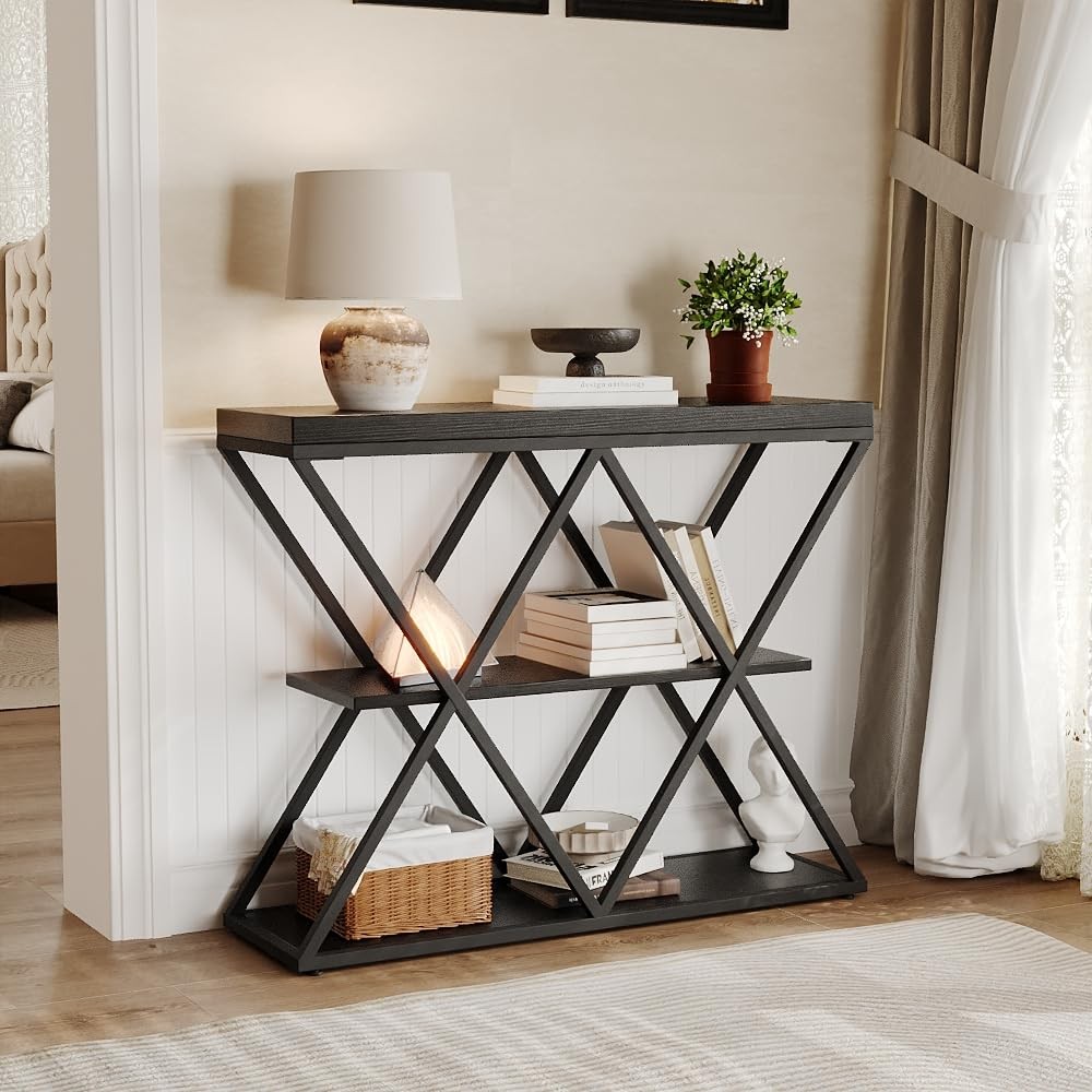 3-Tier Console Table with Open Storage Shelves X-Frame Sofa Table for Entryway