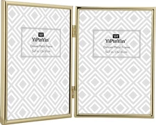 Hinged Double Picture Frames 5x7 Inch Gold Metal Velvet Backing Desktop Decor