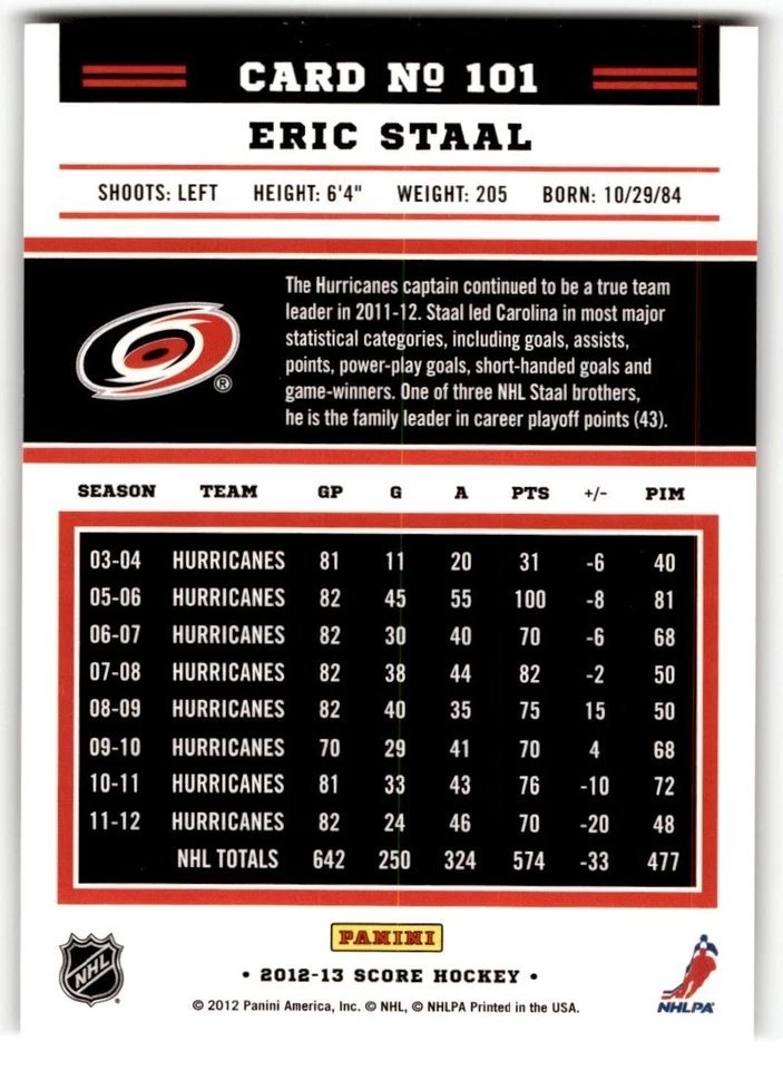 Eric Staal 2012-13 Score Gold Rush #101 Carolina Hurricanes - Image 2 of 2
