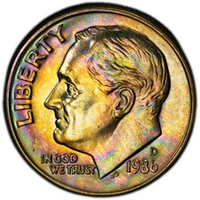 MS64 1986-D 10C Roosevelt Dime, PCGS Trueview- Pretty Rainbow Album Toned