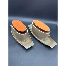 Red Wing USA Pair Ceramic Gravy Boats with Lids Tan Brown Orange MCM